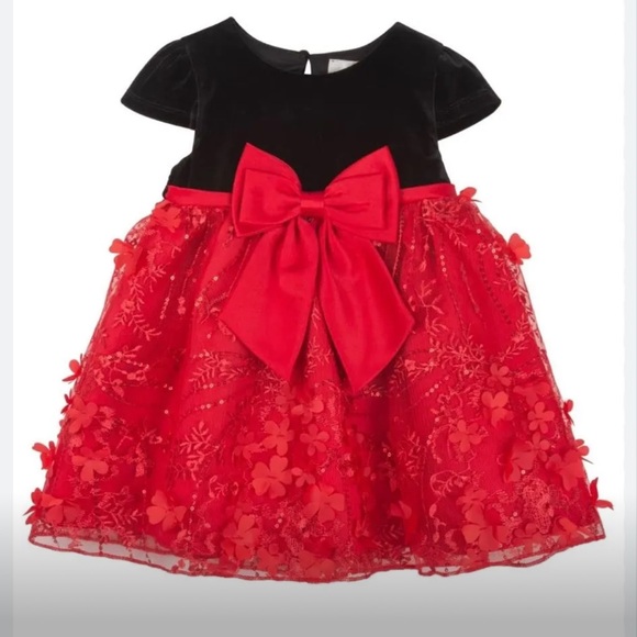 NWT Rare Editions Baby Girl Velvet Cap Sleeve 3D Sequin Social Dress Christmas - Picture 1 of 3
